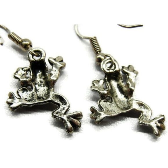 Frog Silver Tone Vertical Drop Dangle Hook Earrings Womans - Picture 5 of 5